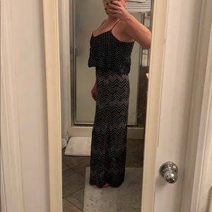 Multi-print, spaghetti-strap, draped maxi dress